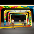 Colorful Event Entrance With Arched Structures Geometric Patterns Stars Arrows Circles And People Walking