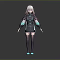 3D Female Character Model With White Hair Black Outfit And Blue Accents