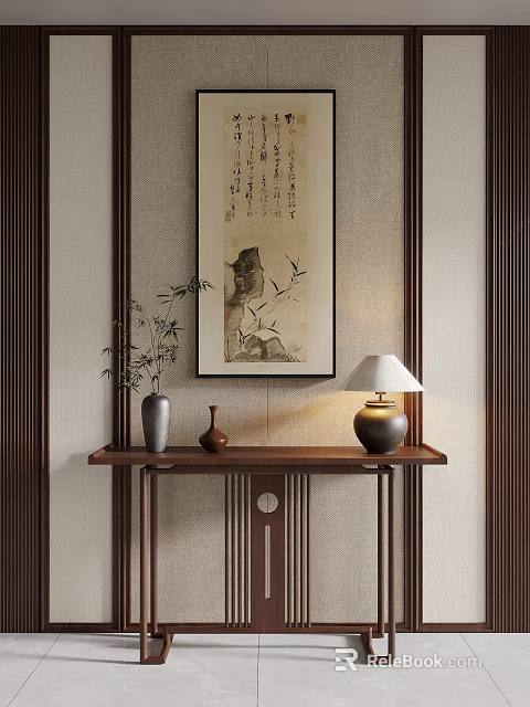 Traditional Chinese Console Table With Scroll Painting Vase And Table Lamp 3d model 