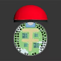 Cartoon Village Scene Inside Open Sphere With Small Houses And Green Trees