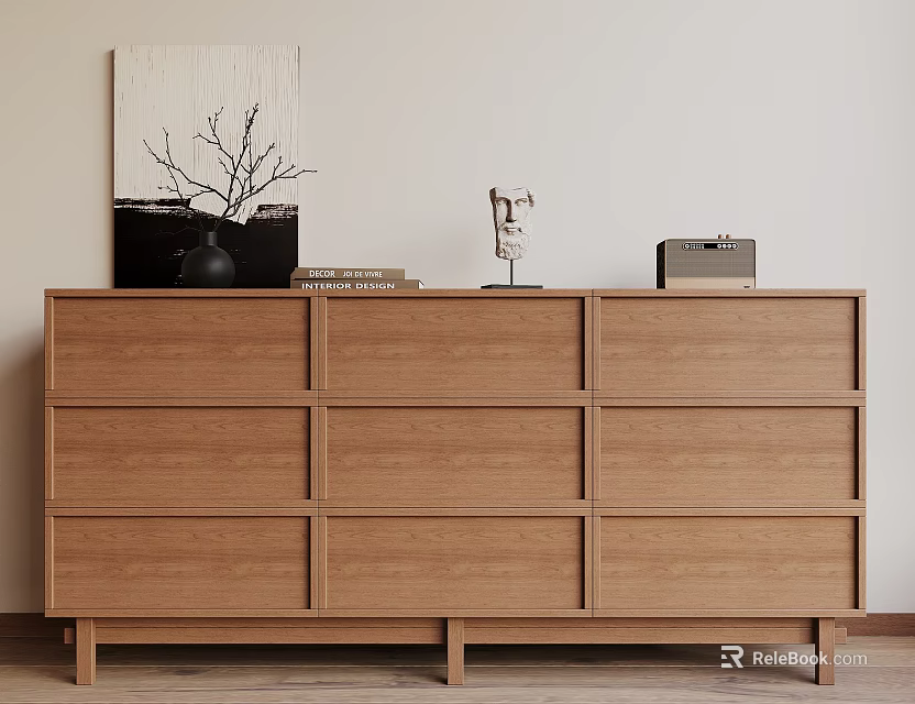 Modern Wooden Console Cabinet With Storage Drawers And Decorative Items On Top 3d model 