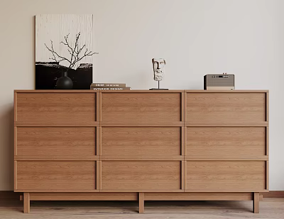 Modern Wooden Console Cabinet With Storage Drawers And Decorative Items On Top 3d model