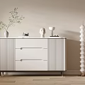 White Entryway Cabinet Sideboard With Modern Drawer Design And Decorative Vase Sculpture Pillar