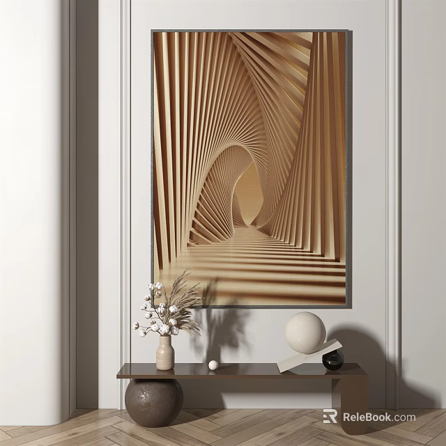 Modern Room Interior With 3D Wooden Stripe Artwork And Decorative Objects 3d model