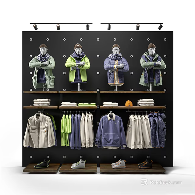 Clothing Display Rack with Mannequins Jackets Hanging Sweaters Folded Clothes and Shoes 3d model 