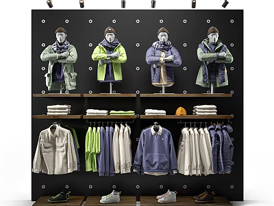 Clothing Display Rack with Mannequins Jackets Hanging Sweaters Folded Clothes and Shoes 3d model