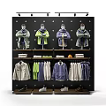 Clothing Display Rack with Mannequins Jackets Hanging Sweaters Folded Clothes and Shoes