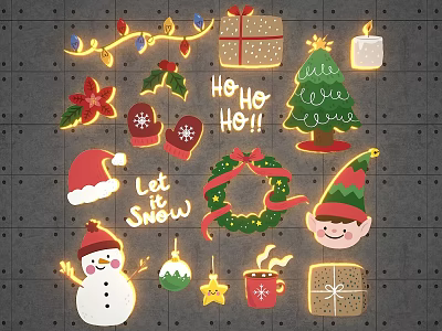 Christmas Decorations With Santa Hat Snowman Tree Wreath Elf And Gifts 3d model