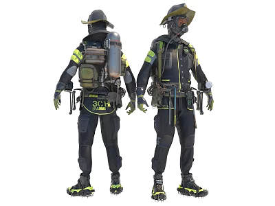 Firefighter Game and Movie Character in Tactical Uniform with Protective Gear and Helmet 3d model