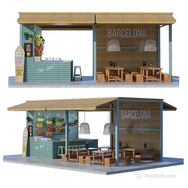 Green Container Style Barcelona Bar With Bar Counter Tables And Fruit 3d model 