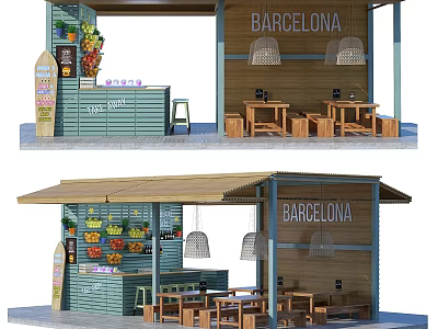 Green Container Style Barcelona Bar With Bar Counter Tables And Fruit 3d model