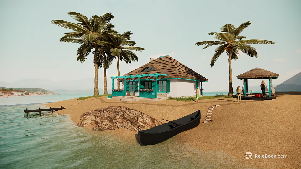 Detached Villa on Waterfront Beach with Palm Trees and Black Boat 3d model 