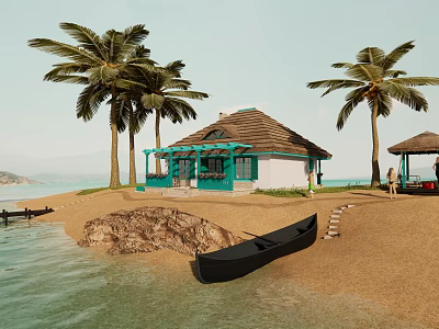Detached Villa on Waterfront Beach with Palm Trees and Black Boat 3d model
