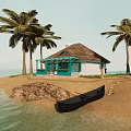 Detached Villa on Waterfront Beach with Palm Trees and Black Boat