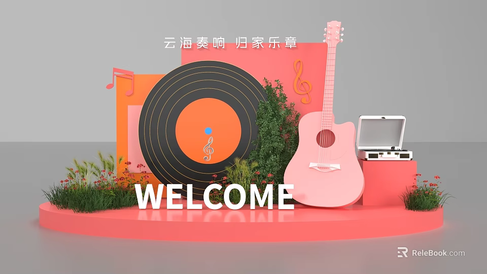 Photo Check In Spot With Vinyl Pink Guitar Music Note Green Plants And Welcome Sign 3d model 