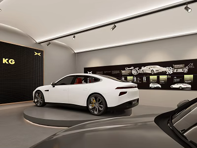 4S Shop Showroom Featuring White Car on Circular Display Platform With Car Posters on Back Wall 3d model