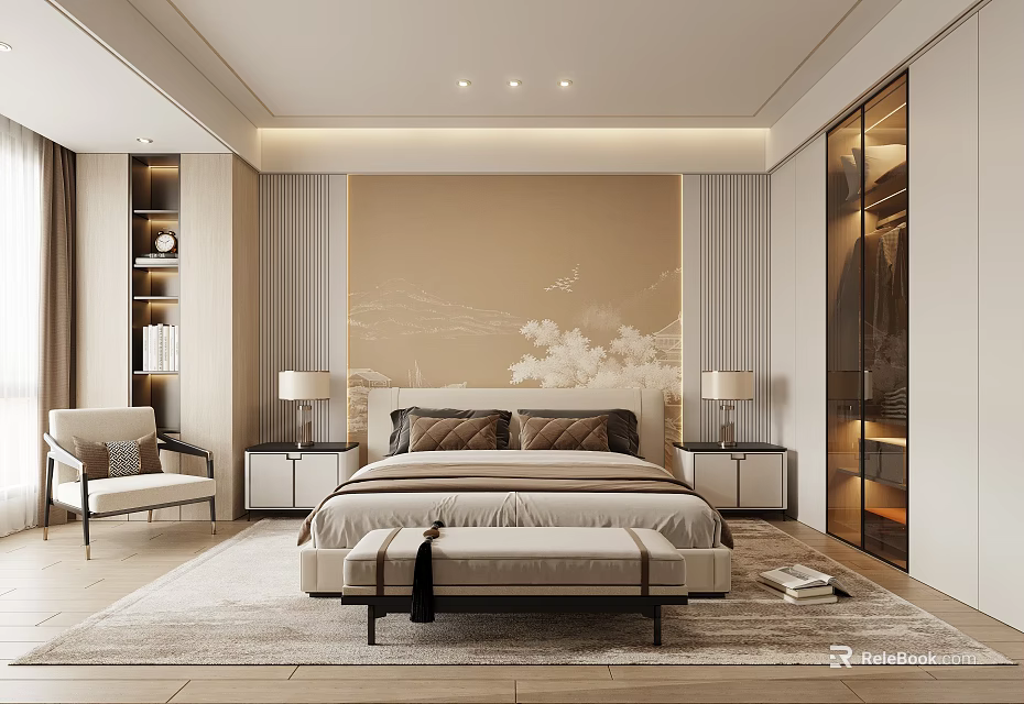 Modern Bedroom Interior With Bedside Tables Lamps Soft Rug And Accent Chair 3d model 