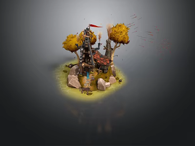 Fantasy Island Scene With Tower Red Flag Yellow Trees And Stones 3d model