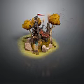 Fantasy Island Scene With Tower Red Flag Yellow Trees And Stones
