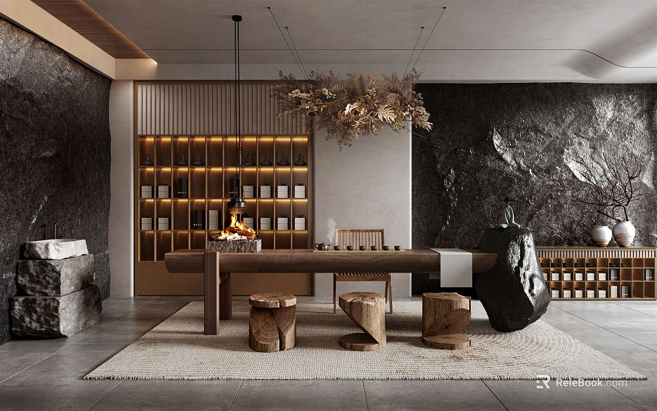 Traditional Tea Room Interior With Dark Walls Wooden Bookshelves Fireplace Large Table And Stone Stools 3d model 