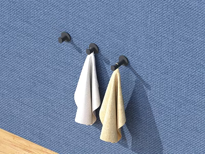 Practical Kitchen Hooks With Towels On Blue Textured Wall And Wooden Countertop Edge 3d model