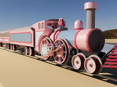Cute Pink And Blue Steam Train With Large Wheels And Carriages On Railway Track 3d model