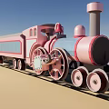 Cute Pink And Blue Steam Train With Large Wheels And Carriages On Railway Track