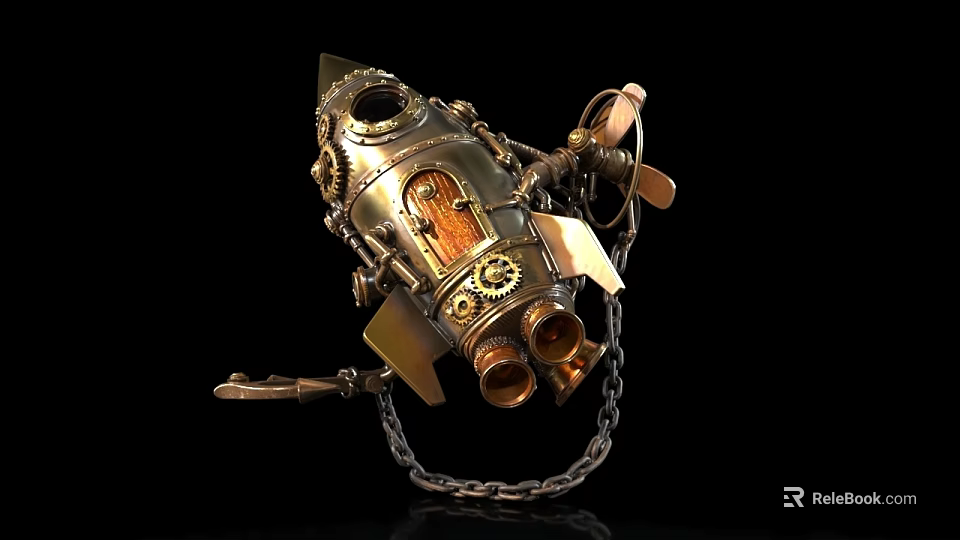 Steampunk Rocket Shaped Metal Decorative Ornament Set With Gear And Chain Details 3d model 