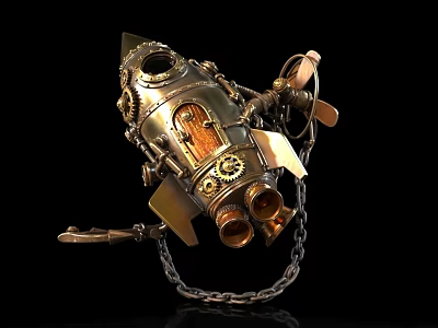Steampunk Rocket Shaped Metal Decorative Ornament Set With Gear And Chain Details 3d model