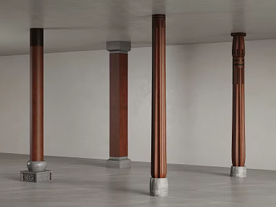 Four Brown Columns With Gray Bases In Room With White Walls And Gray Floor 3d model