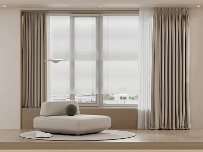 Elegant Beige Curtains In Modern Living Room With Window Blinds And Cozy Seating 3d model