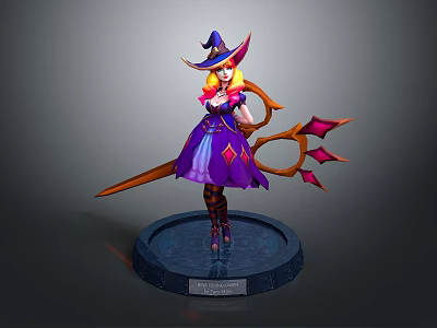 Game Movie Character Witch With Purple Dress Blonde Hair And Red Spiked Staff On Base 3d model