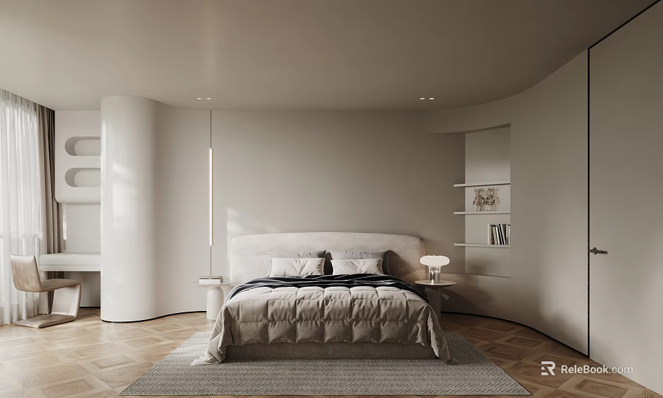 Modern Kids Room With Curved Design Soft Tones And Shelves 3d model 