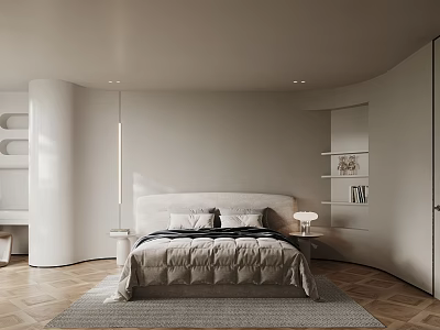 Modern Kids Room With Curved Design Soft Tones And Shelves 3d model