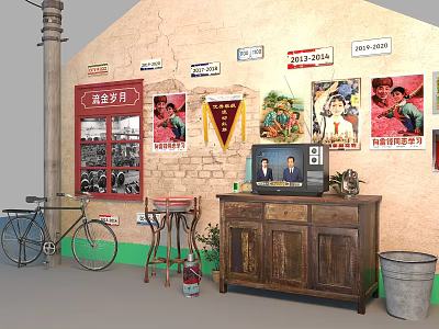 Nostalgic Vintage Art Installation with Brick Wall Old Street Signs Posters Bicycle and TV 3d model