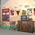 Nostalgic Vintage Art Installation with Brick Wall Old Street Signs Posters Bicycle and TV