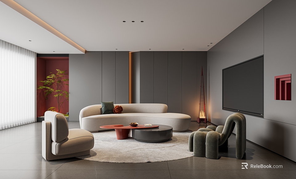 Modern Living Room Interior With Curved Sofa Armchairs Coffee Table And TV Wall 3d model 