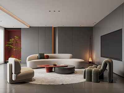 Modern Living Room Interior With Curved Sofa Armchairs Coffee Table And TV Wall 3d model