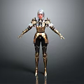 Woman In Golden Ornate Armor With Silver Hair On Gray Background