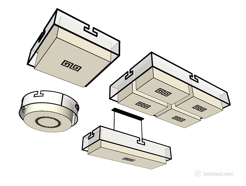 Stylish Modern Lighting Combinations With Square Round Ceiling And Pendant Lights 3d model