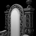 Intricate Golden Carved Throne With Red Upholstered Seat And Armrests
