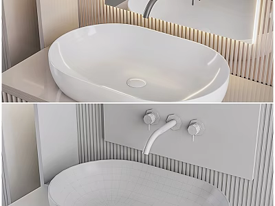 Minimalist Bathroom Interior With White Vessel Sink Wall Mounted Faucet And Sleek Countertop 3d model