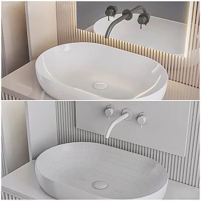 Minimalist Bathroom Interior With White Vessel Sink Wall Mounted Faucet And Sleek Countertop 3d model