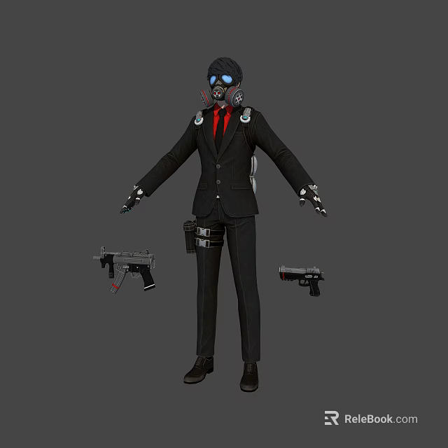 Character in Black Suit with Gas Mask Red Tie Tactical Gear and Firearms 3d model 