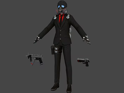 Character in Black Suit with Gas Mask Red Tie Tactical Gear and Firearms 3d model