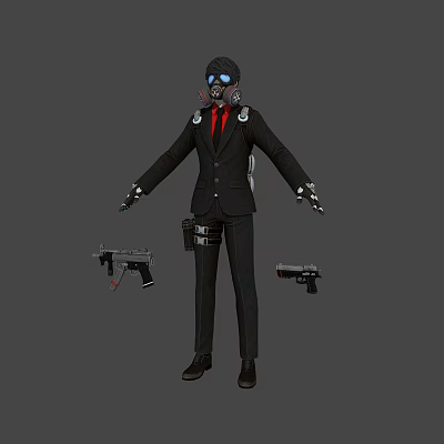 Character in Black Suit with Gas Mask Red Tie Tactical Gear and Firearms 3d model