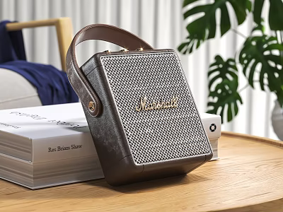 Portable Speaker with Brown Leather Handle and Metal Mesh on Wooden Table with Books Plants 3d model