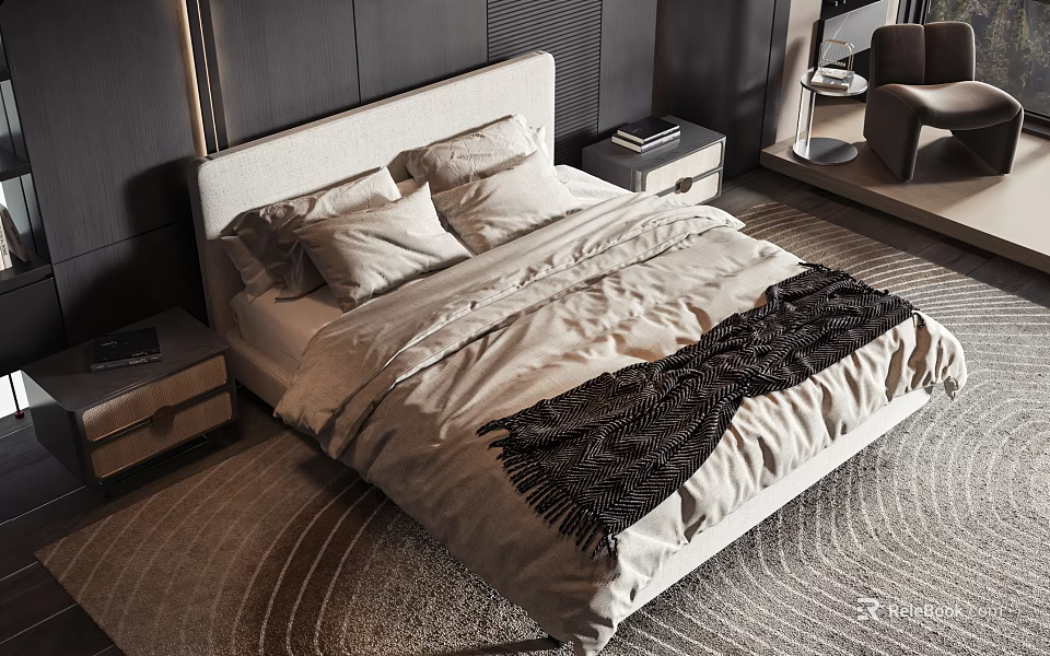 Modern Double Bed With Beige Bedding Black Knit Throw And Nightstand In Dark Wall Bedroom 3d model 