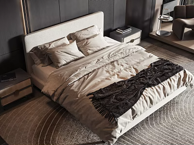 Modern Double Bed With Beige Bedding Black Knit Throw And Nightstand In Dark Wall Bedroom 3d model