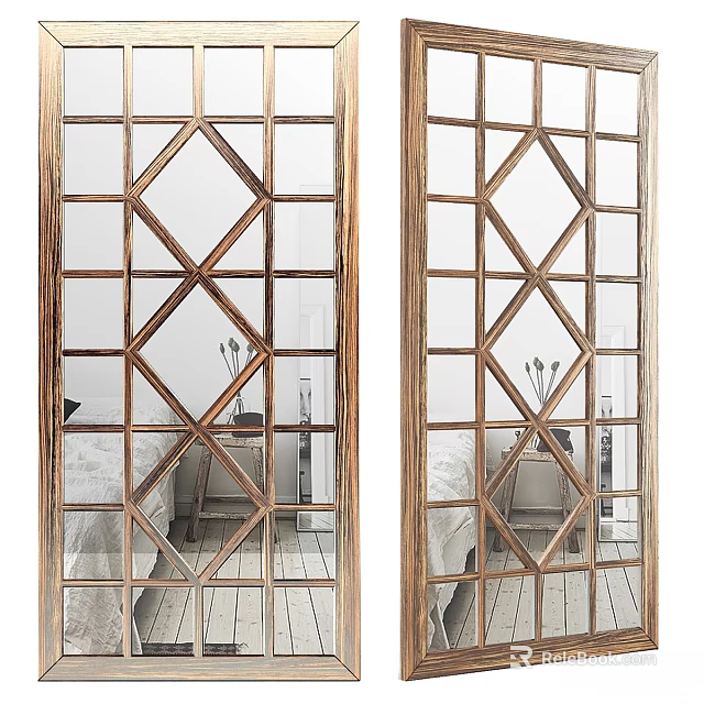 Decorative Wooden Frame Mirrors With Diamond Geometric Pattern Reflecting Room Interior 3d model 